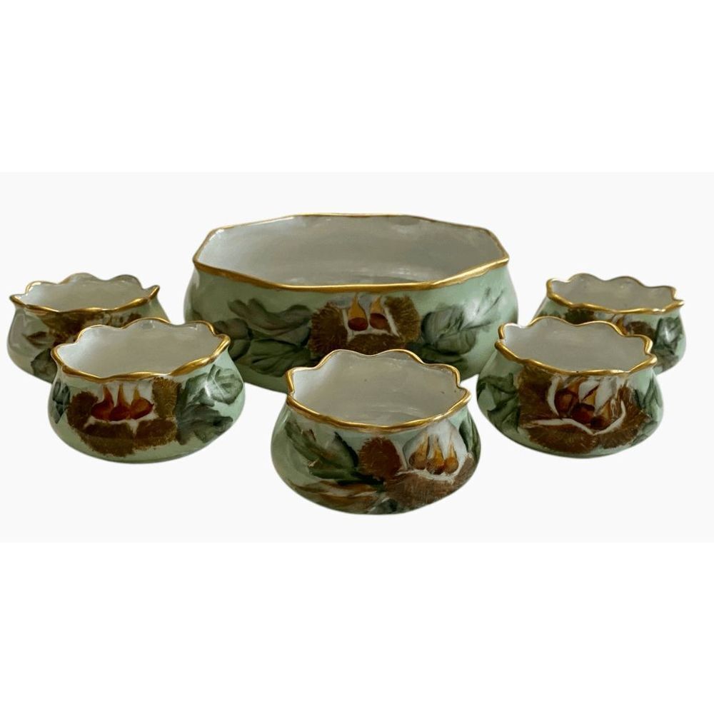 Antique MZ Austria Porcelain‎ Hand Painted Compote Fruit Bowl Berry Bowl Set
